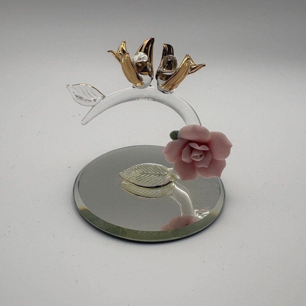 Vtg Glass‎ Baron Love Birds Pink Rose Handcrafted Collectible Cottage Figurine